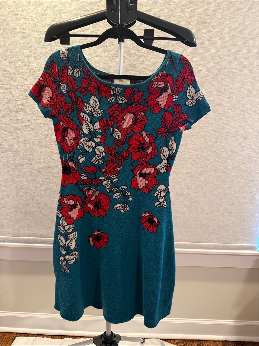 Maeve Teal Floral Knit Mini Dress with Red & White Blooms